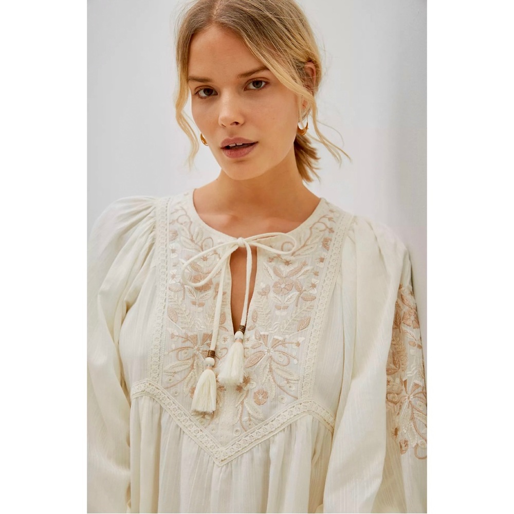 Anthropologie Viveka Embroidered Lace Puff Sleeve Mini Dress In Ivory White NWT - Picture 4 of 13